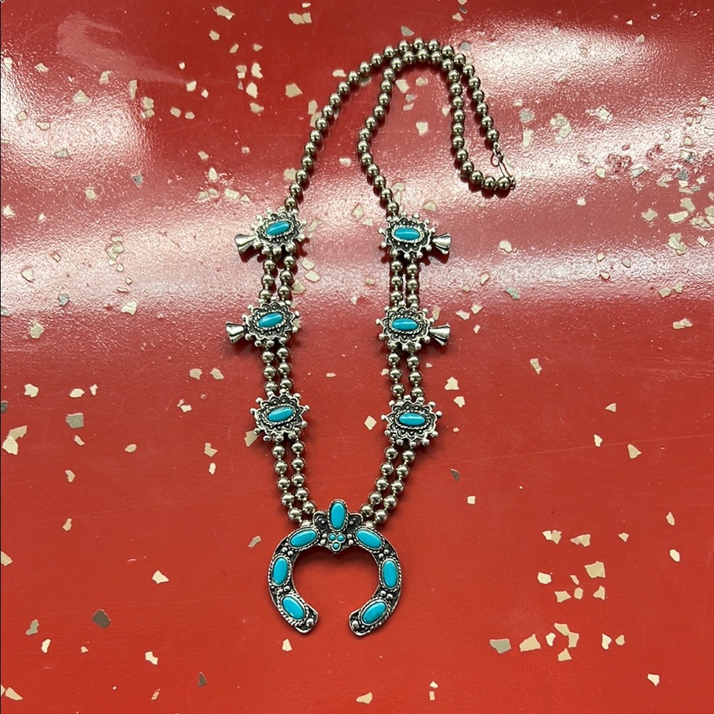 1960s Faux Turquoise and Silver Squash Blossom Necklace